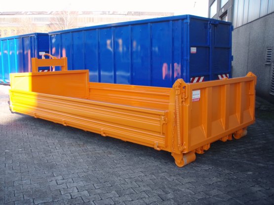 HÜLLENKREMER Containerbau NRW - Abrollcontainer-Kippaufbau mit einteiligen seitlichen Stahlbordwänden