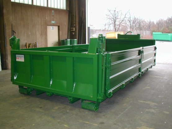 HÜLLENKREMER Containerbau NRW - Abrollcontainer-Kippaufbau mit seitlich geteilten Stahlbordwänden
