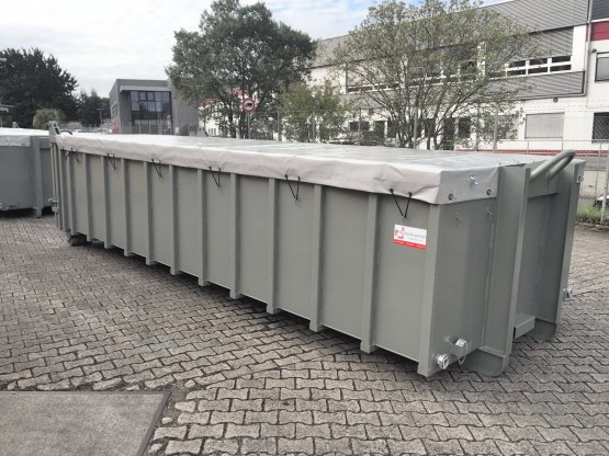 HÜLLENKREMER Containerbau NRW - Entwässerungscontainer - Entwässerungs-Abrollcontainer mit Lochblechen und Roll-Planenabdeckung