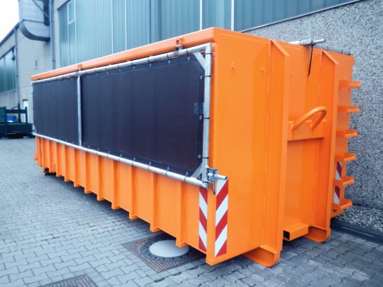 HÜLLENKREMER Containerbau NRW - Abrollcontainer mit 2-teiliger Klappnetzabdeckung