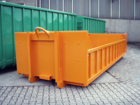 HÜLLENKREMER Containerbau NRW - Offener Abroll-Container zum abgesenkten Baggertransport, Inhalt ca. 10 m³, spezielle Muldenvertiefungen für Bagger-Kettenlaufwerke