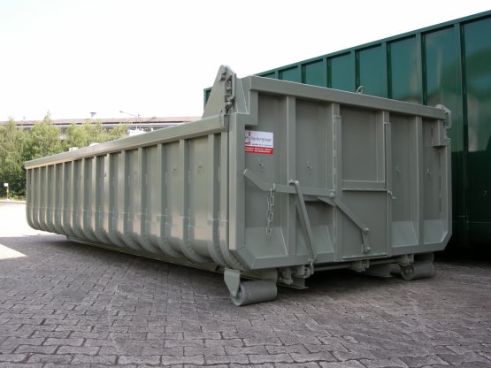 HÜLLENKREMER Containerbau NRW - Offener Abroll-Container, Inhalt ca. 13 m³, pendel- und abklappbare Entleerungsklappe mit eingebautem Dosierschieber