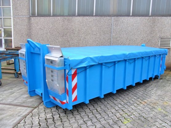 HÜLLENKREMER Containerbau NRW - Offener Abroll-Container, Inhalt ca. 11,5 m³, mit Rollplanen-Abdeckung und Alu-Auffahrrampen