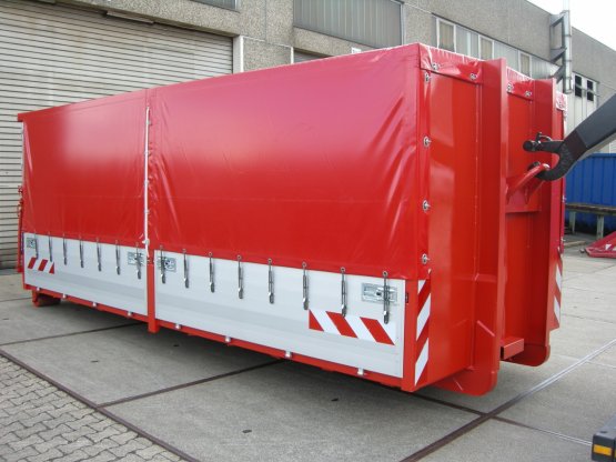 HÜLLENKREMER Containerbau NRW - Feuerwehrcontainer - Feuerwehr-Abroll-Containeraufbau mit Alu-Bordwänden, Plan- und Spriegelaufbau,, überfahrbare Heckklappe