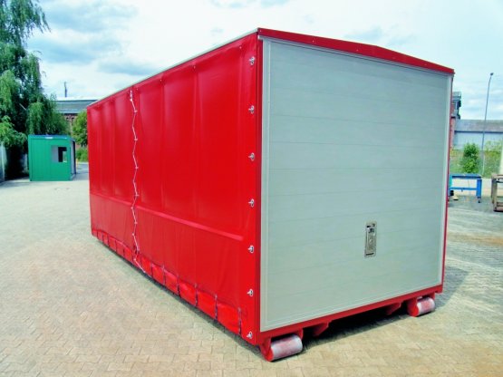 HÜLLENKREMER Containerbau NRW - Feuerwehrcontainer - Feuerwehr-Abroll-Container mit Seitenplanen und heckseitiger Aluminiumklappe
