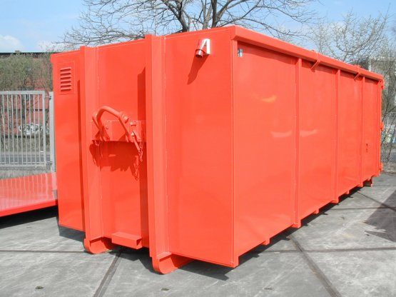 HÜLLENKREMER Containerbau NRW - Magazincontainer - Magazin-Abrollcontainer mit demontierbarem Hakenaufnahmebügel, Innenausbau und Elektrik, Inhalt ca. 28 m³