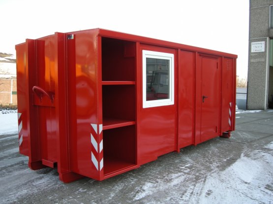 HÜLLENKREMER Containerbau NRW - Magazincontainer - Feuerwehr Magazin-Abrollcontainer mit Seitentür, seitlichen Fenstern und seitlichen Einbaukästen, Inhalt ca. 28 m³