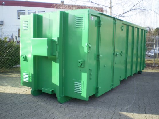 HÜLLENKREMER Containerbau NRW - Magazincontainer - Magazin-Abrollcontainer mit Innenausbau, Seitentüren und spezieller Sicherung der Hakenaufnahme