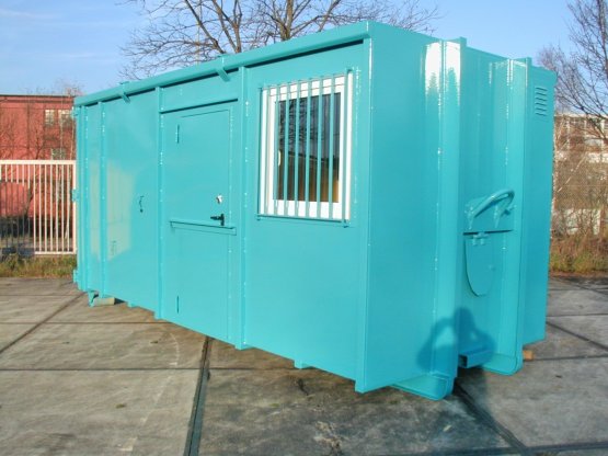 HÜLLENKREMER Containerbau NRW - Magazincontainer - Magazin-Abrollcontainer mit Trennwand, Seitentür und Fenster, Inhalt ca. 30 m³